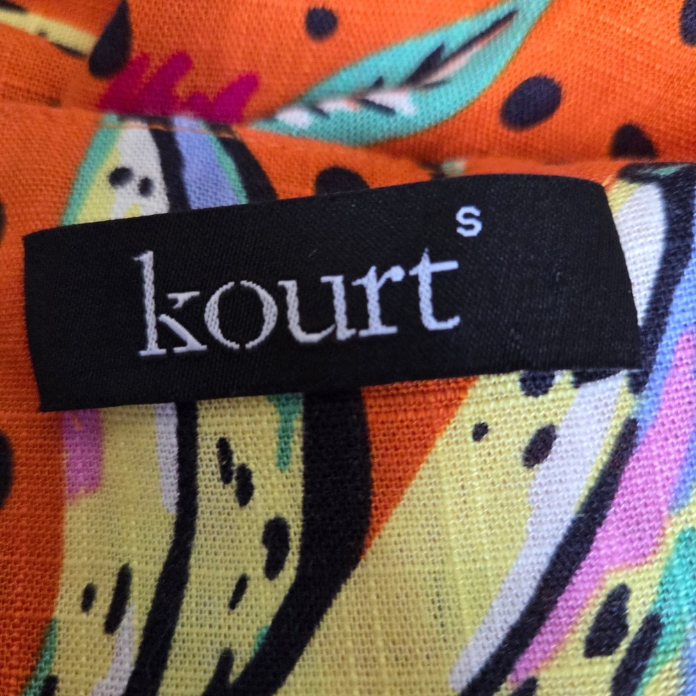 Kourt Small Orange Tropical Print Ruffle Mini Babydoll Dress Linen Blend Boho - Picture 6 of 8